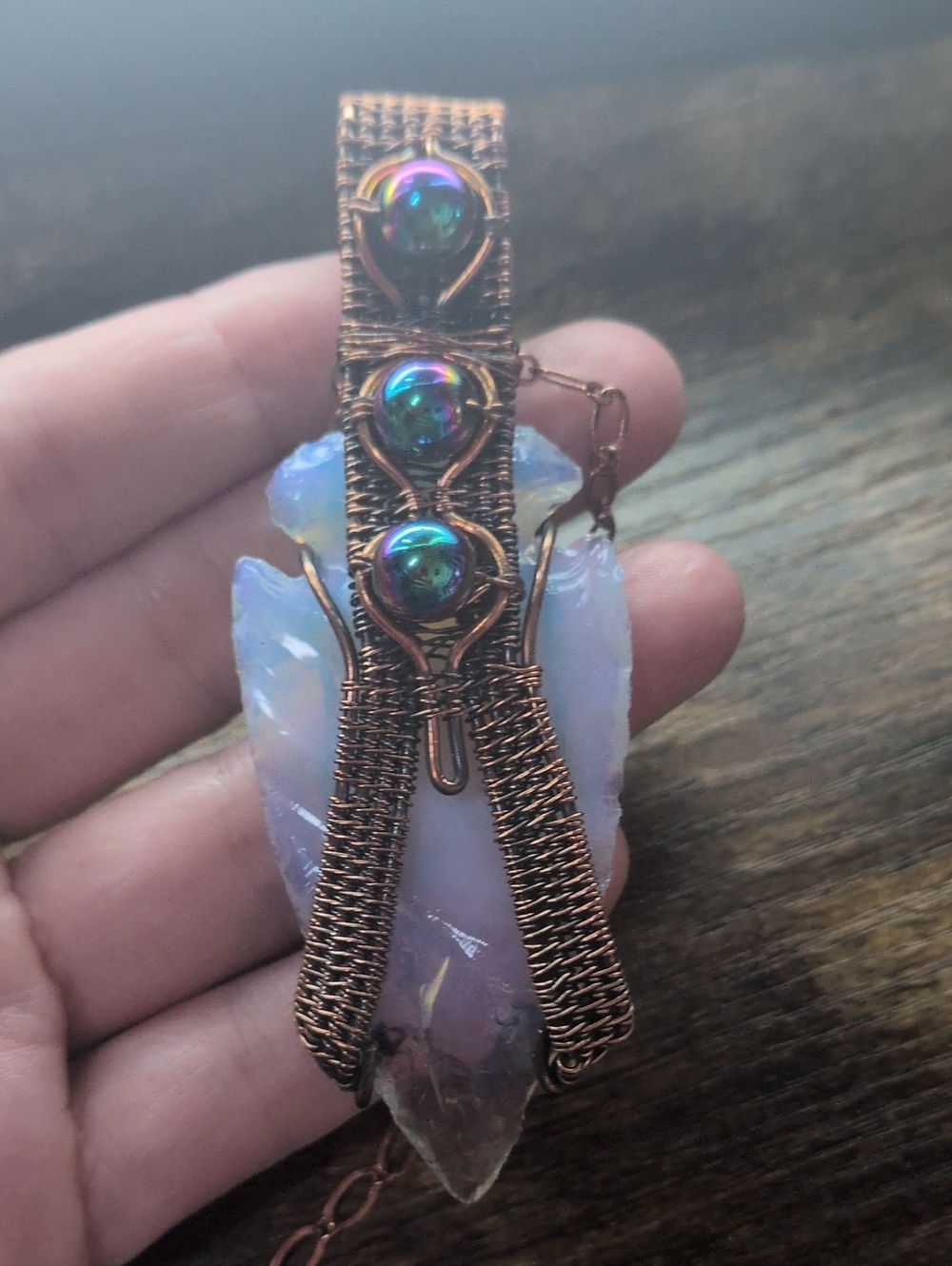 Opal Aura Crystal Copper Wire-Wrapped Pendant Necklace